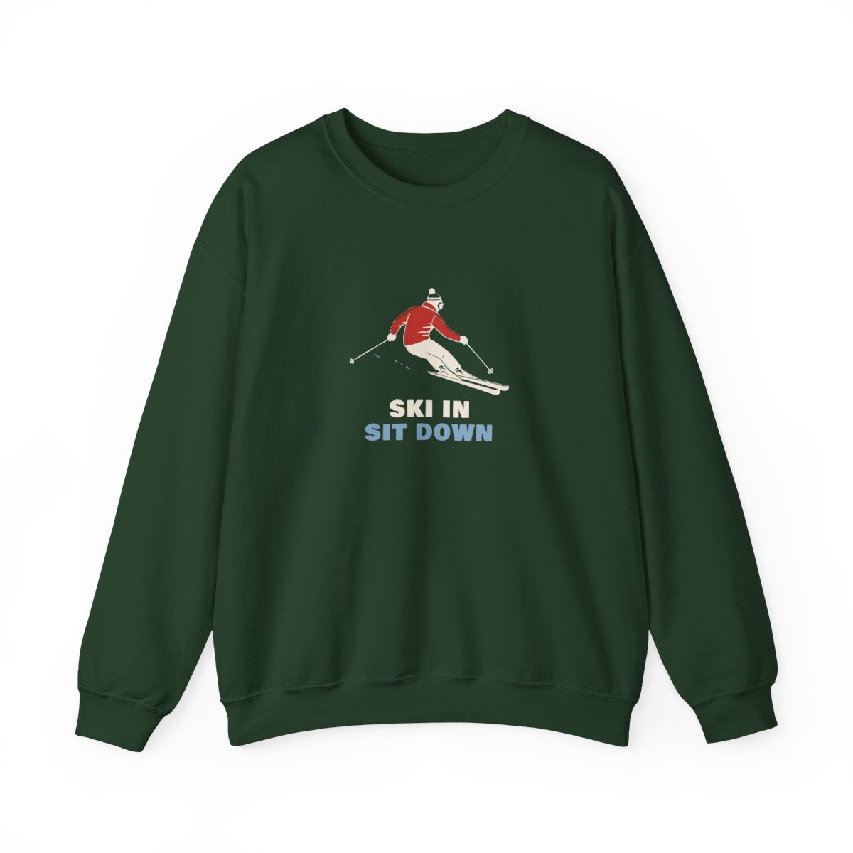 Ski In, Sit Down Crewneck in Forest Green, front view