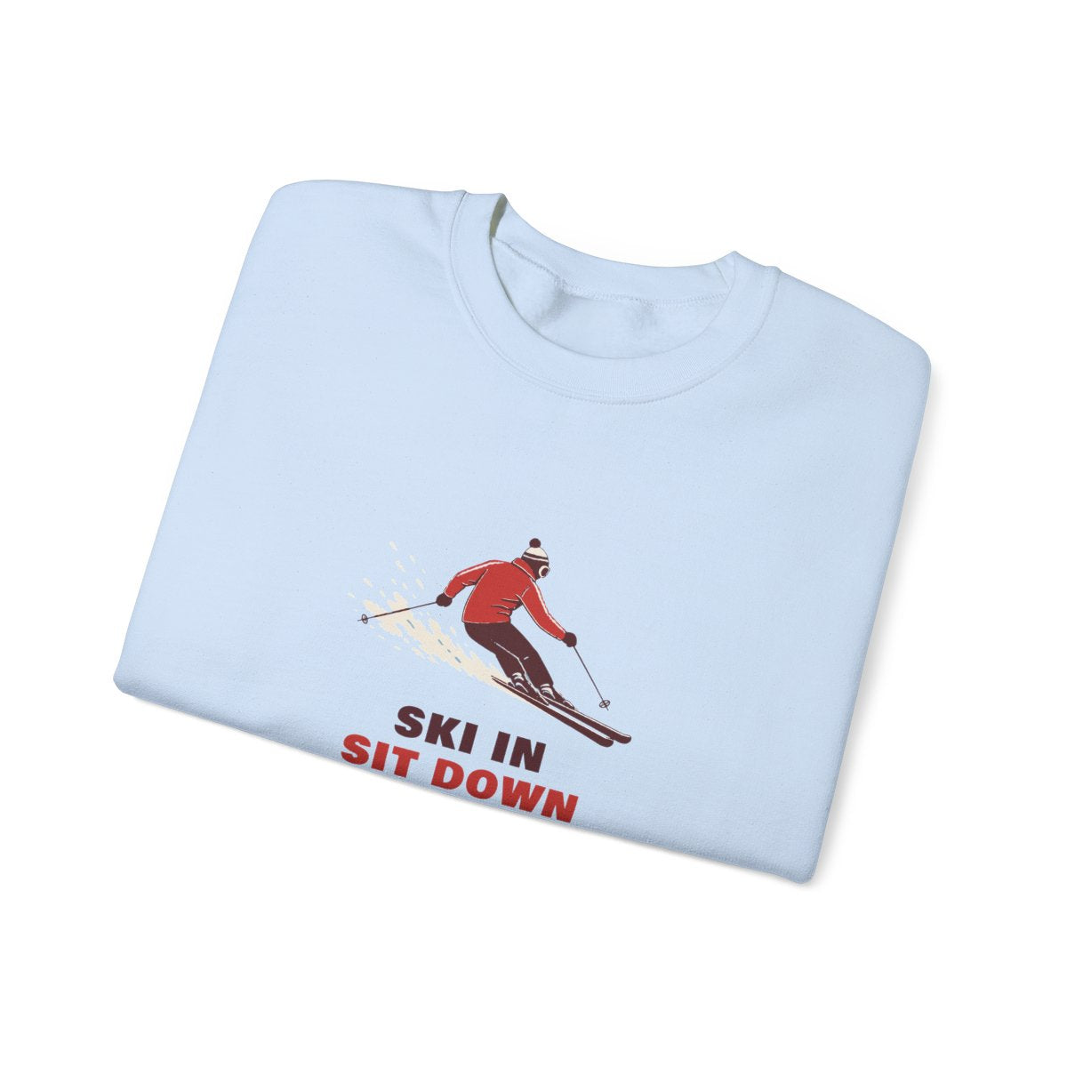 Ski In, Sit Down Crewneck in Light Blue, folded