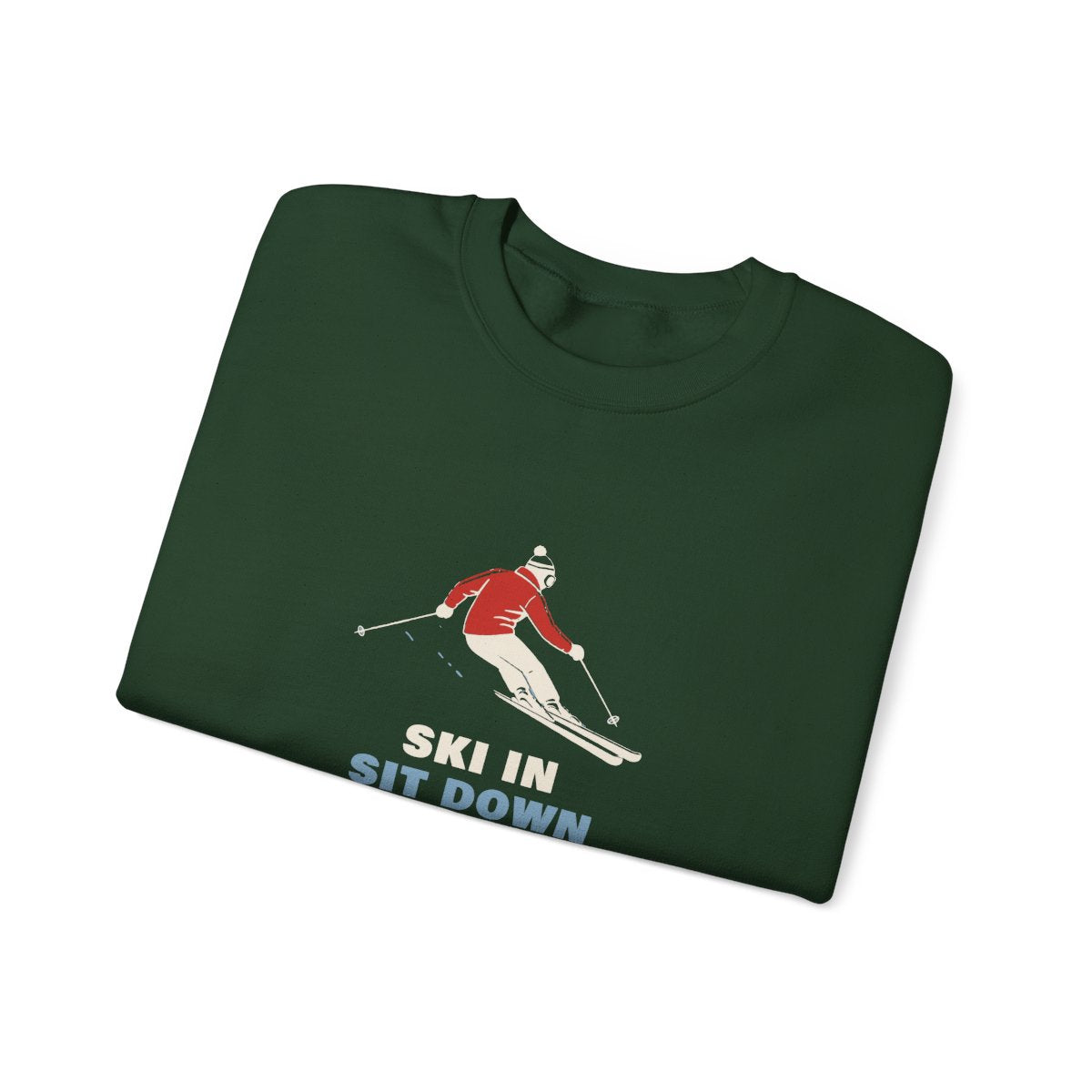 Ski In, Sit Down Crewneck in Forest Green, folded