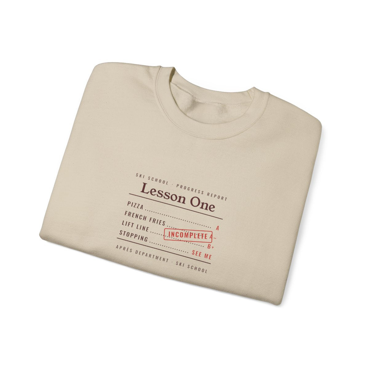 Ski School Report Crewneck in Sand, folded