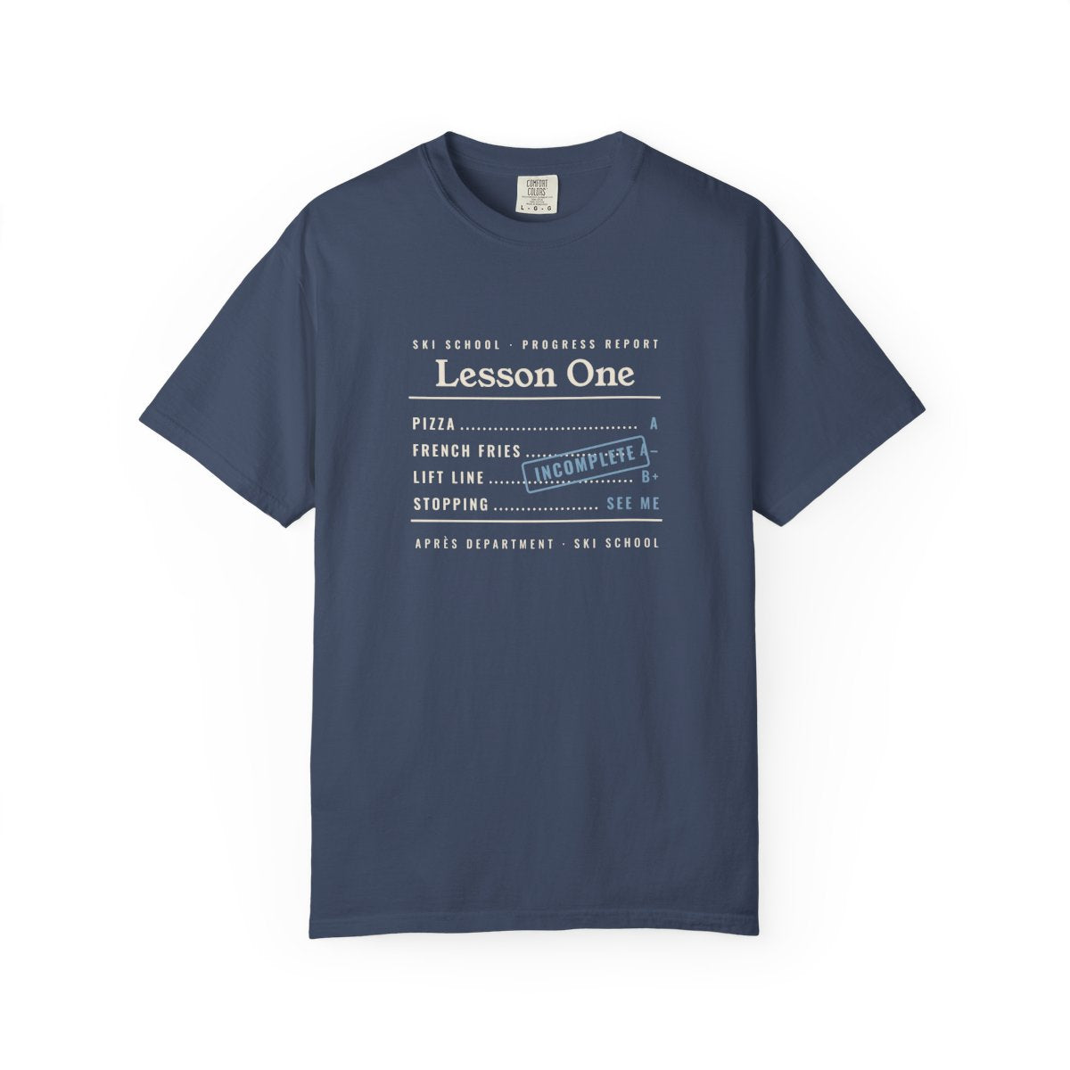 Ski School Report Tee in Midnight, front view