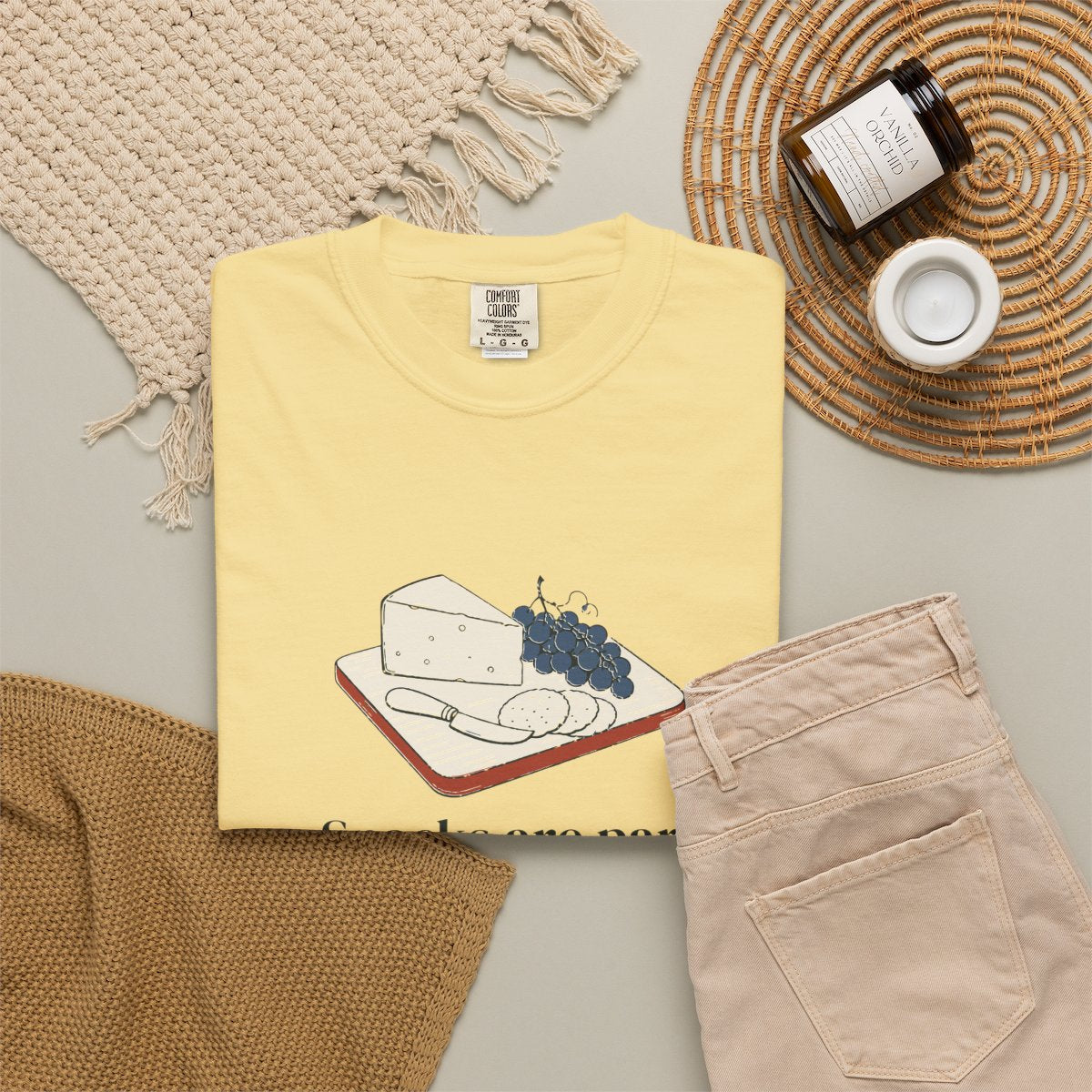 Snacks Are Part of the Rules Tee in Butter, fabric and print detail