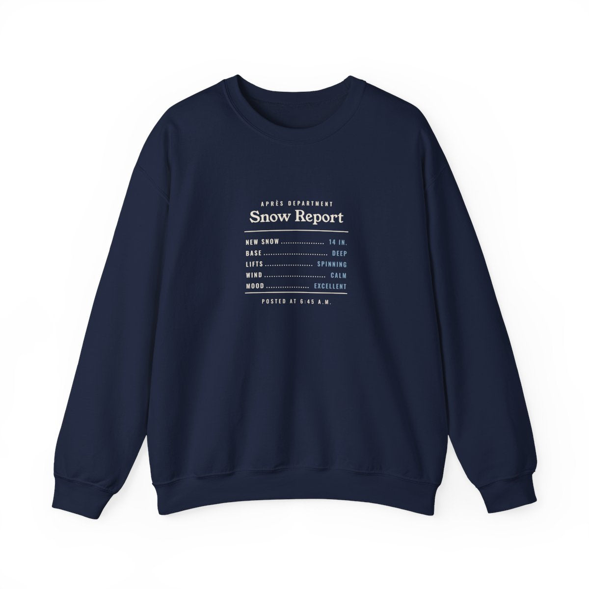 Snow Report Crewneck in Navy, front view