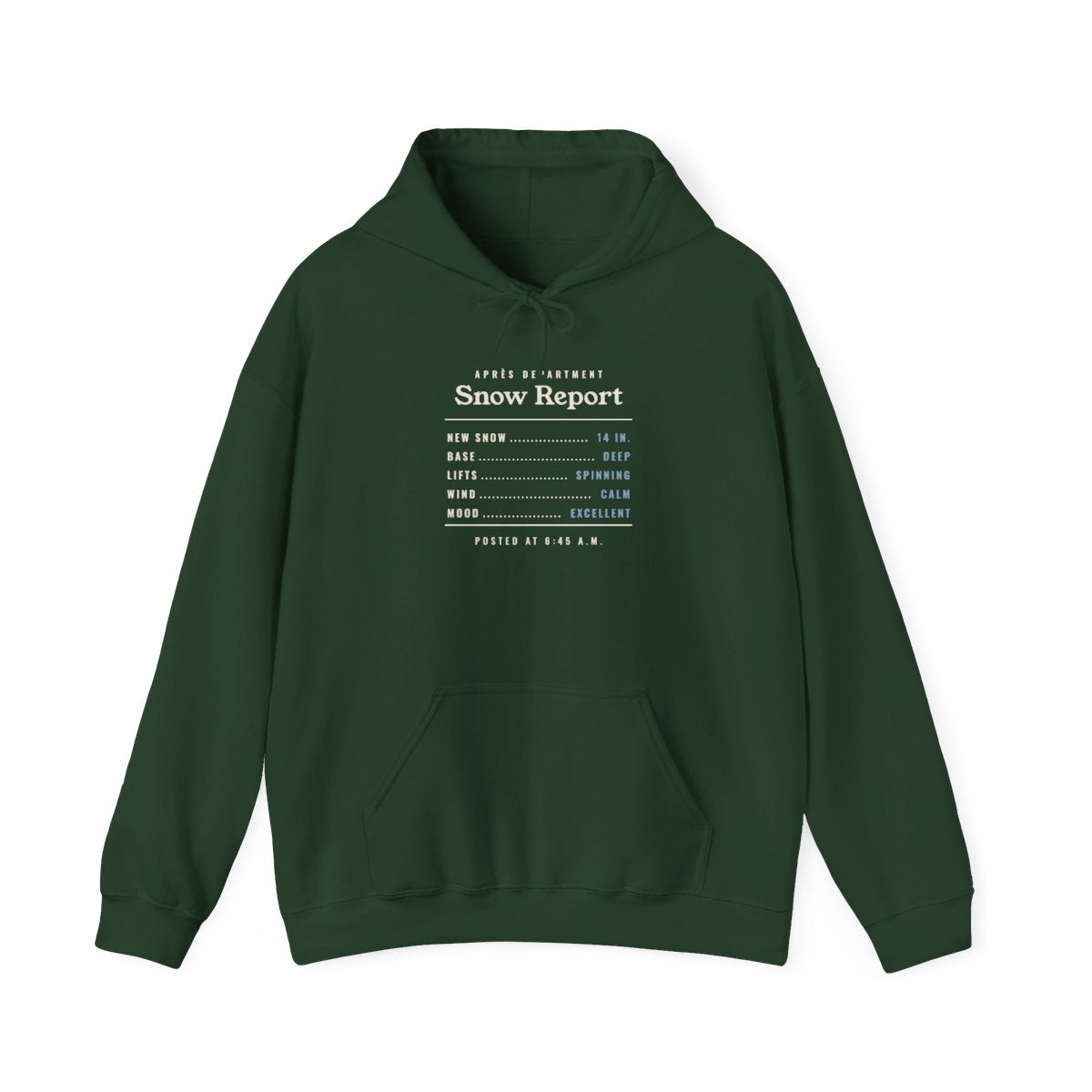 Snow Report Hoodie in Forest Green, front view