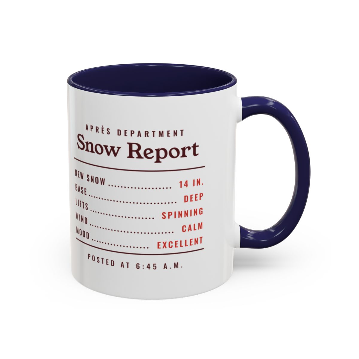 Snow Report Mug in Navy, right side