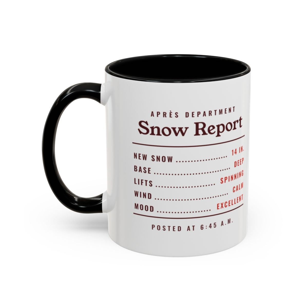 Snow Report Mug in Black, left side