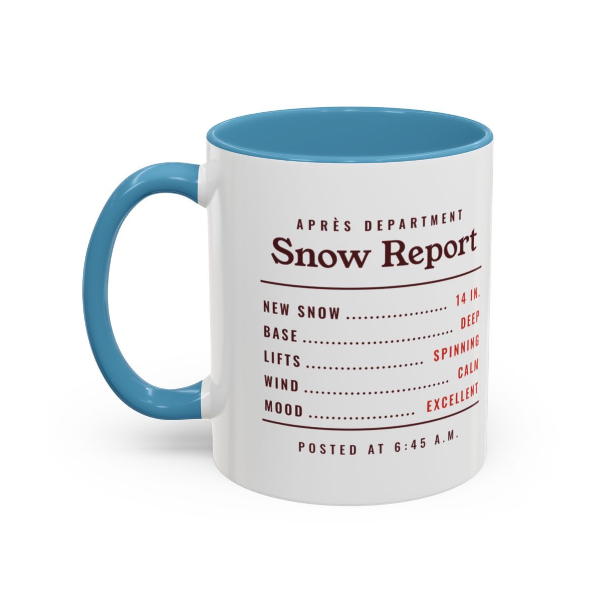 Snow Report Mug in Light Blue, left side