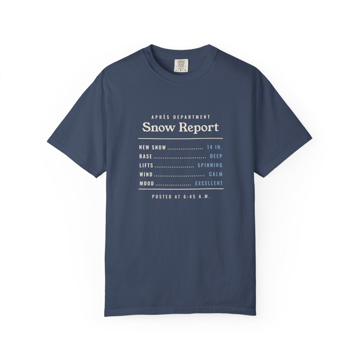 Snow Report Tee in Midnight, front view