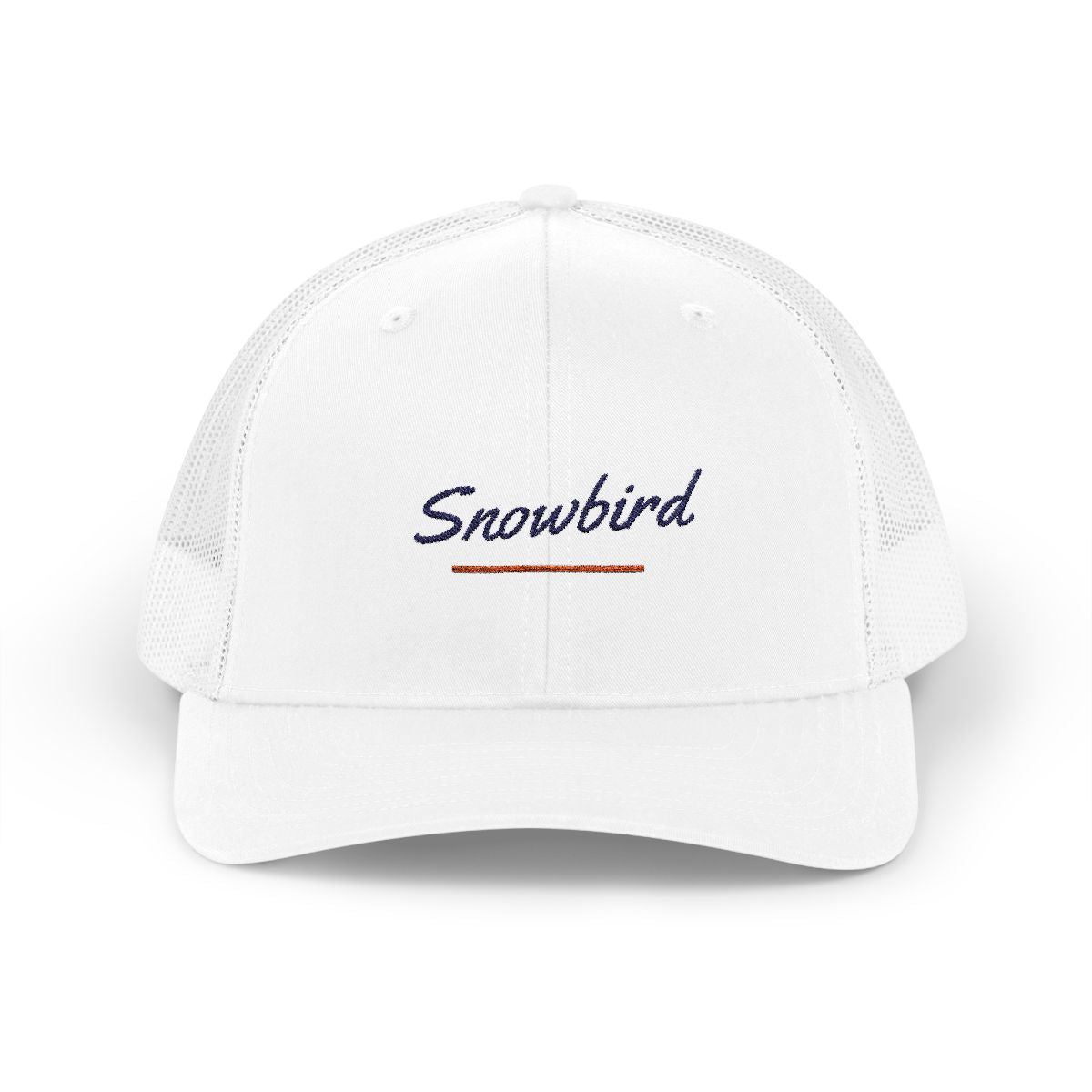 Snowbird Trucker Hat in White, front view