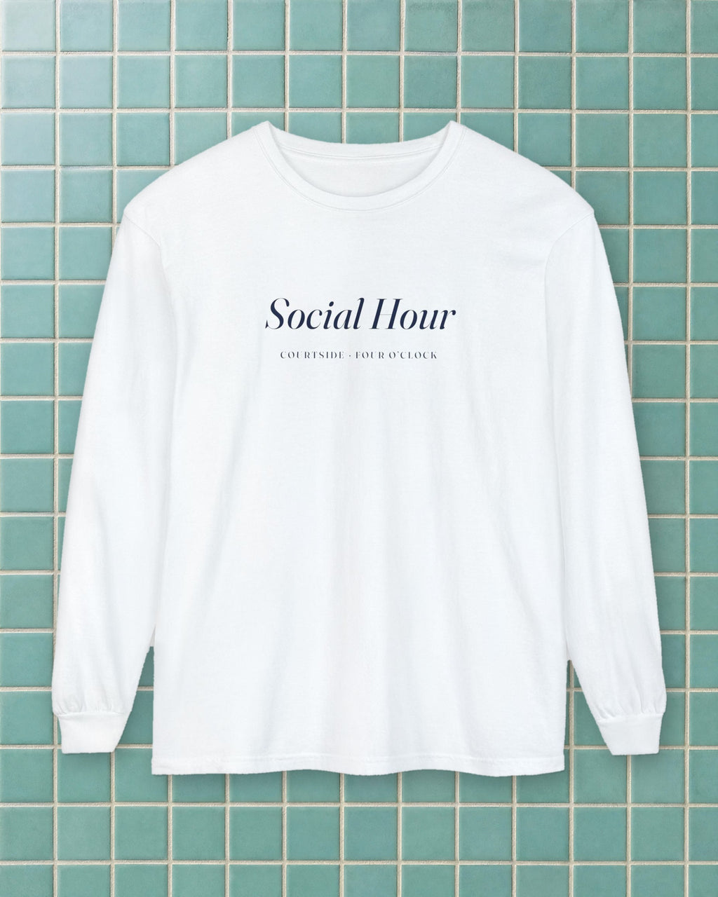 Social Hour Long Sleeve Tee in White, styled
