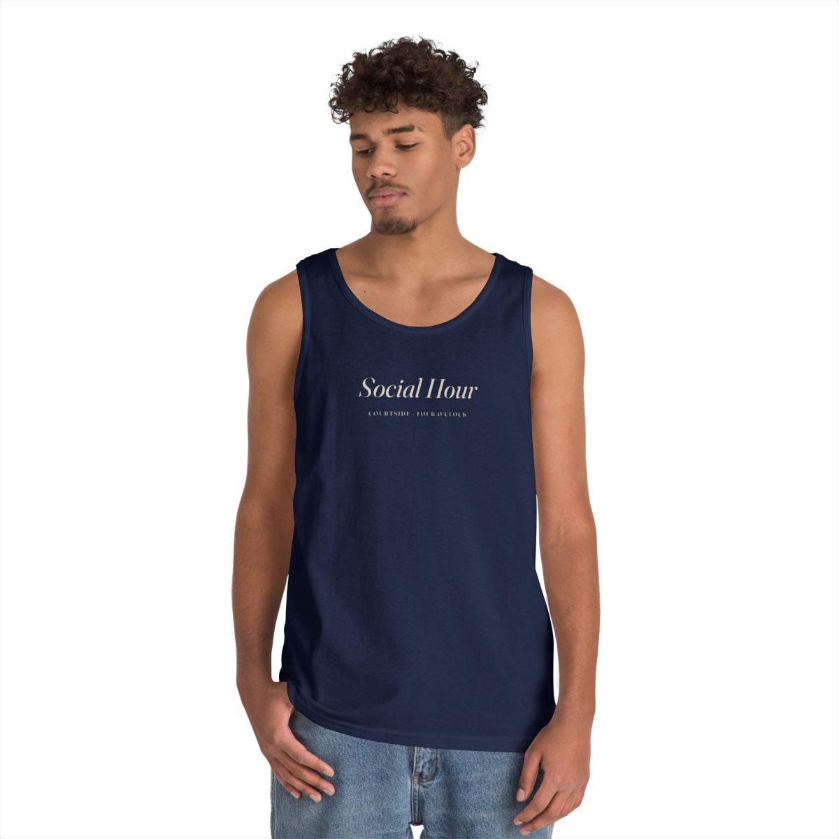 Social Hour Tank in Navy, on model