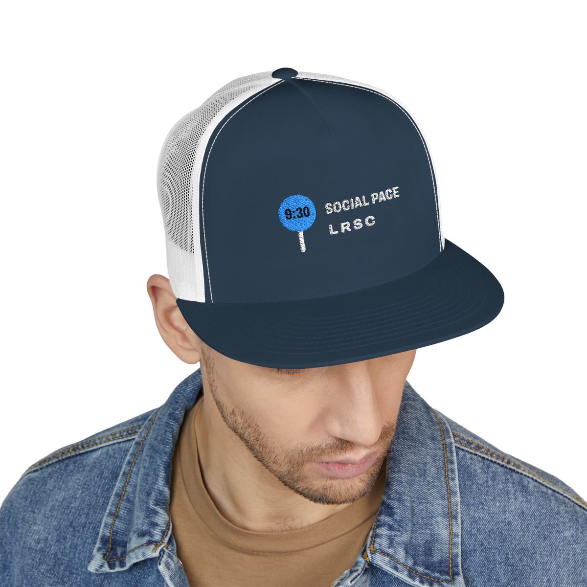 Social Pace Trucker Cap in Navy/White, on model