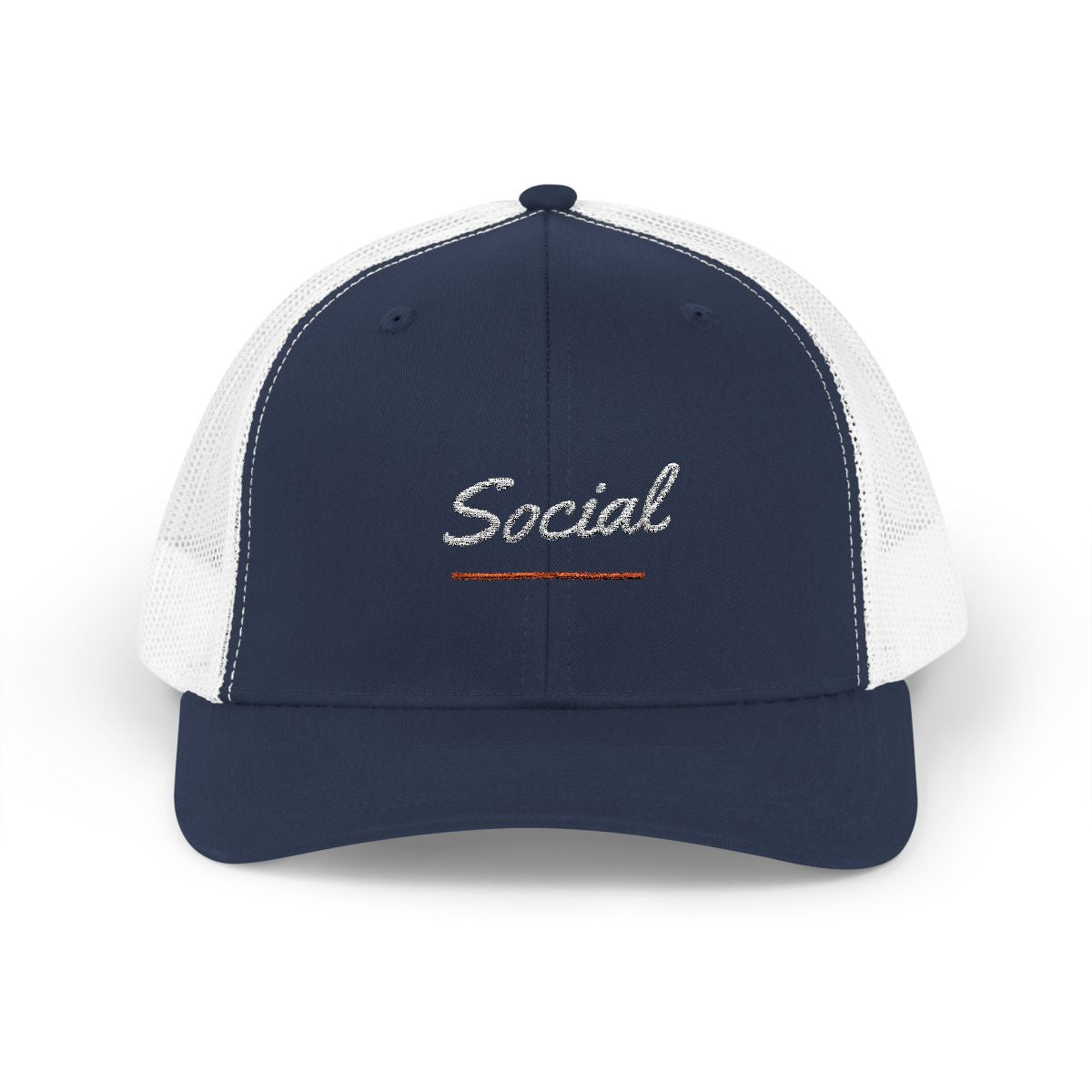 Social Trucker Hat in Navy / White, front view