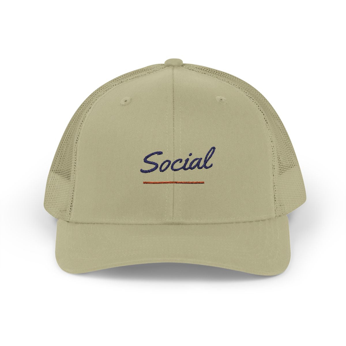 Social Trucker Hat in Khaki, front view