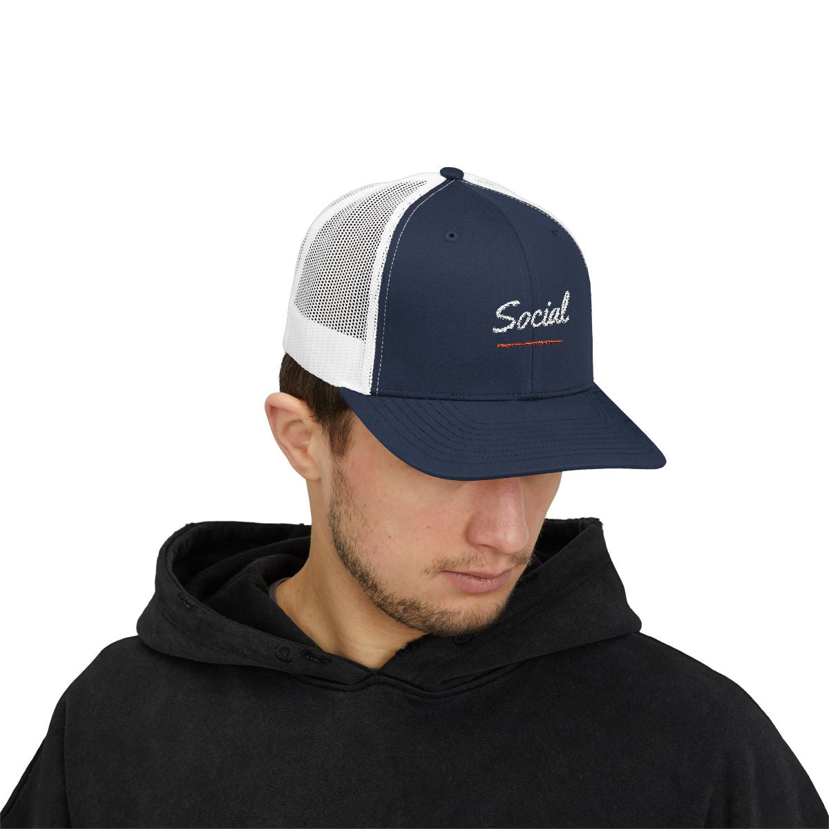 Social Trucker Hat in Navy / White, on model