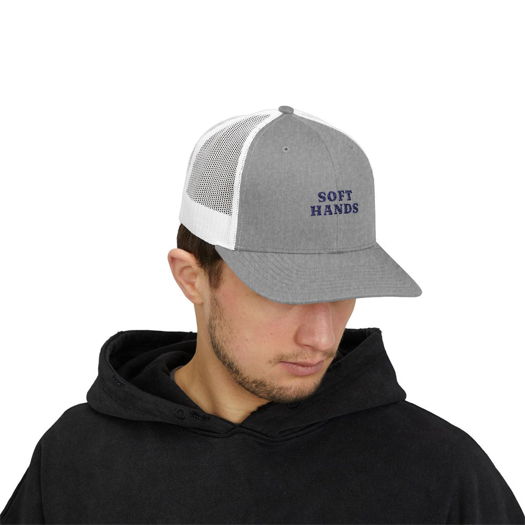 Soft Hands Trucker Hat in Heather Grey / White, on model
