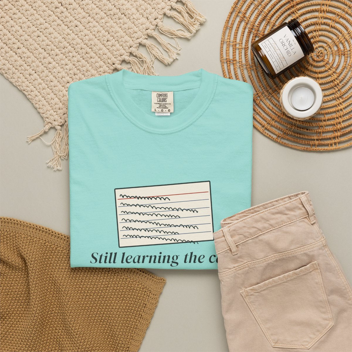 Still Learning the Card Tee in Chalky Mint, fabric and print detail