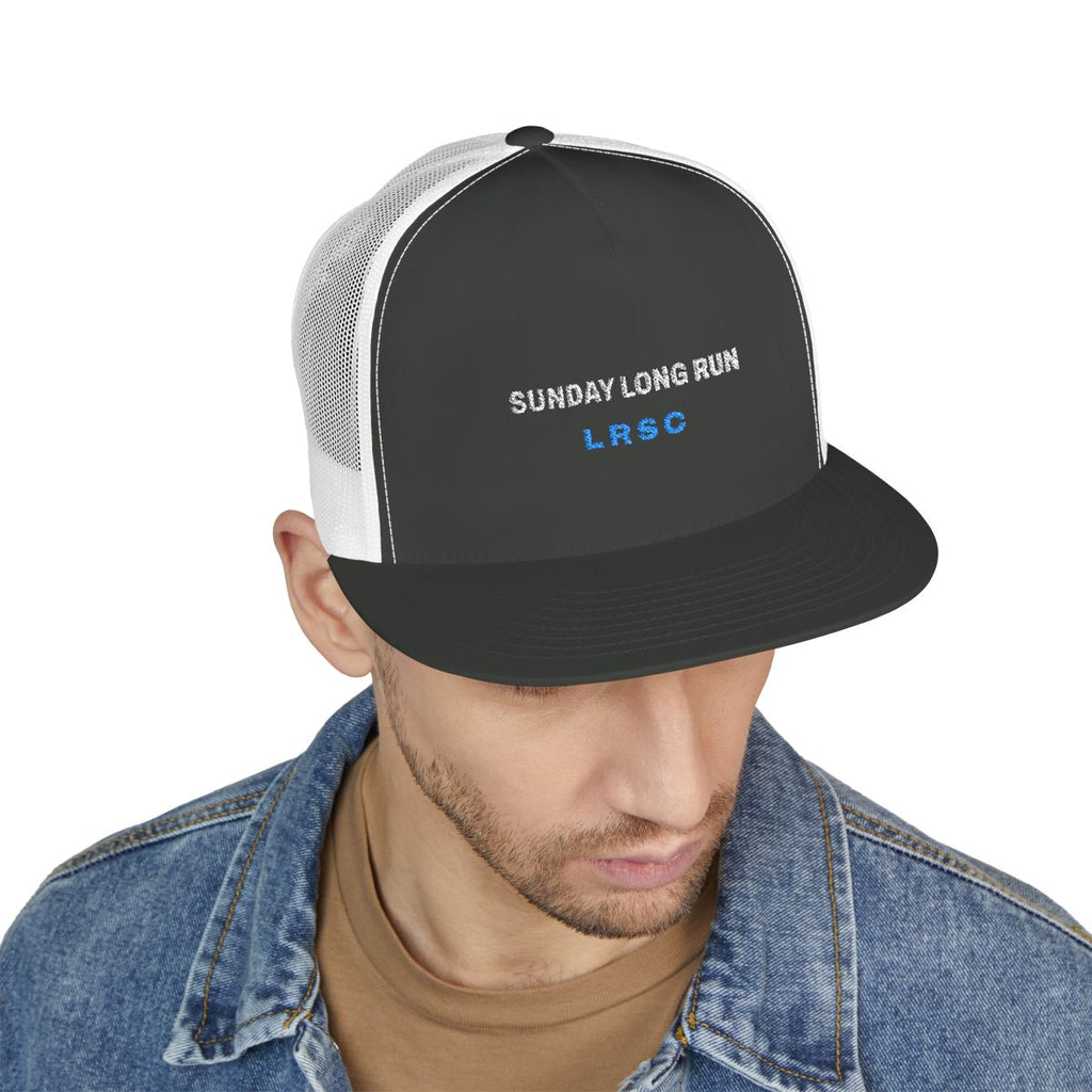 Sunday Long Run Trucker Cap in Charcoal/White, on model