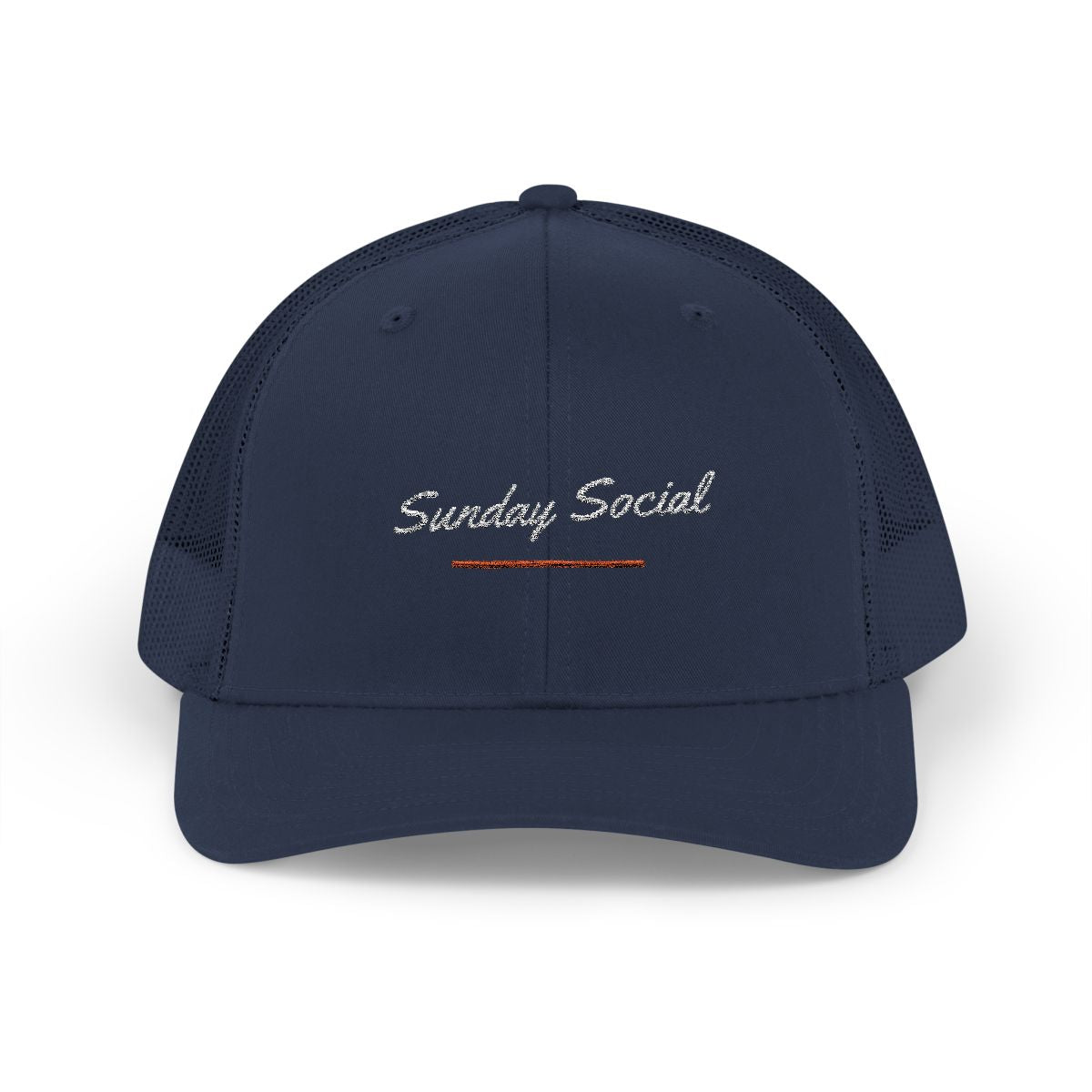 Sunday Social Trucker Hat in Navy, front view