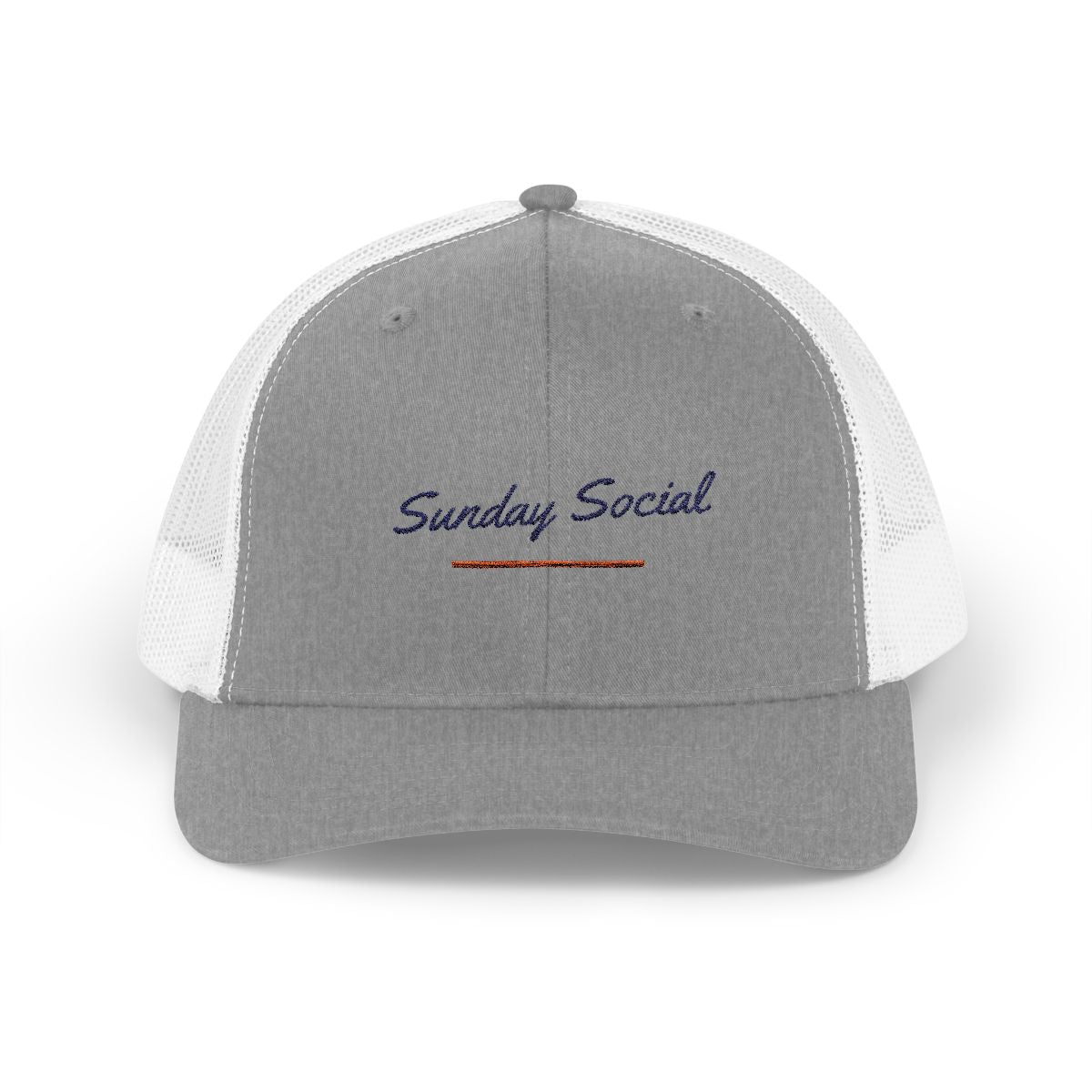 Sunday Social Trucker Hat in Heather Grey / White, front view