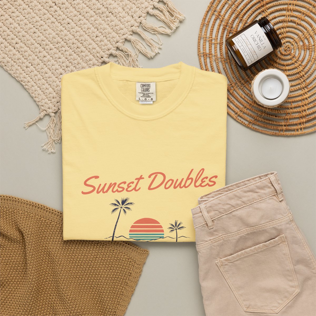 Sunset Doubles Tee in Butter, fabric and print detail