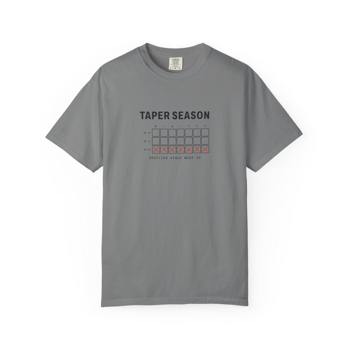Taper Season Tee in Grey, front view
