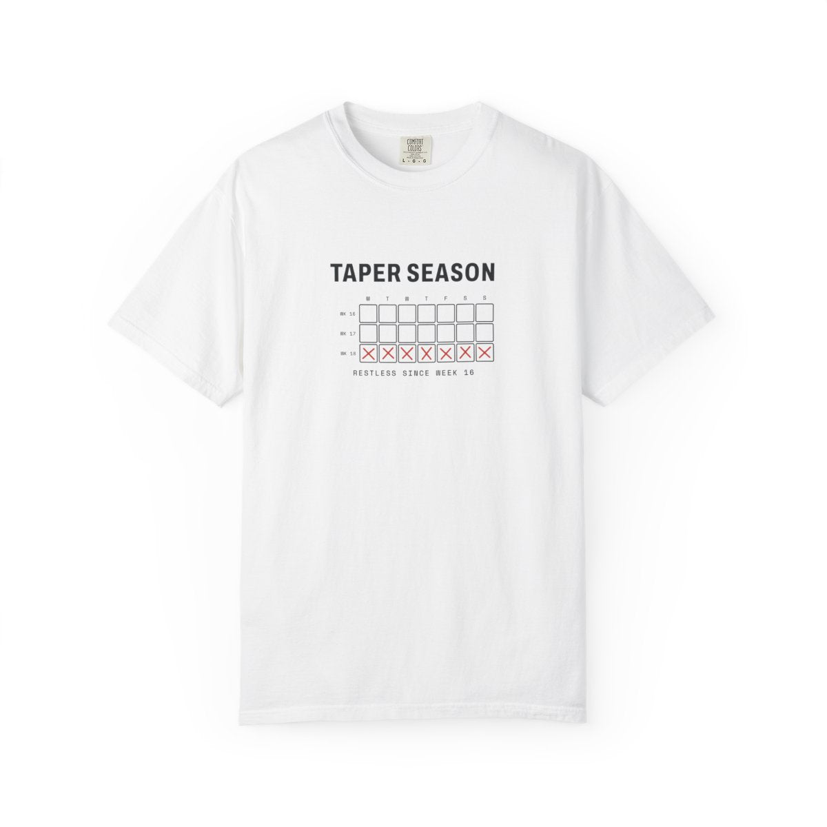 Taper Season Tee in White, front view