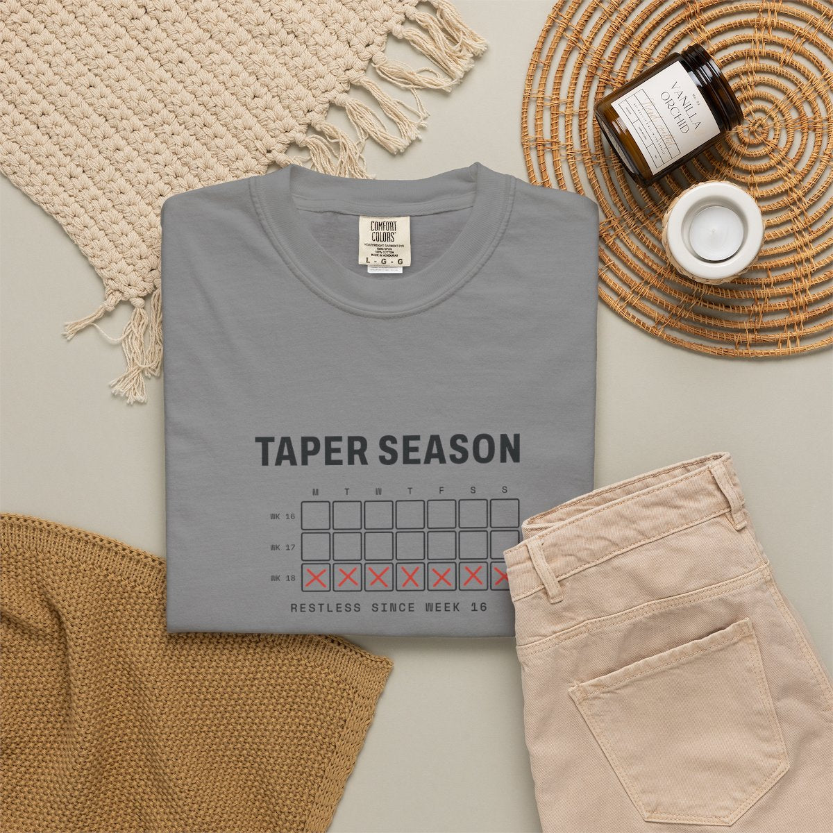 Taper Season Tee in Grey, fabric and print detail