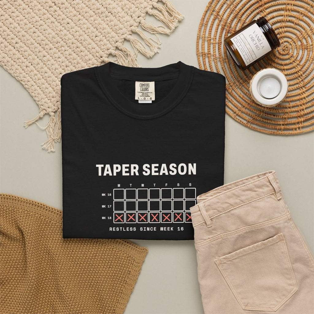 Taper Season Tee in Black, fabric and print detail