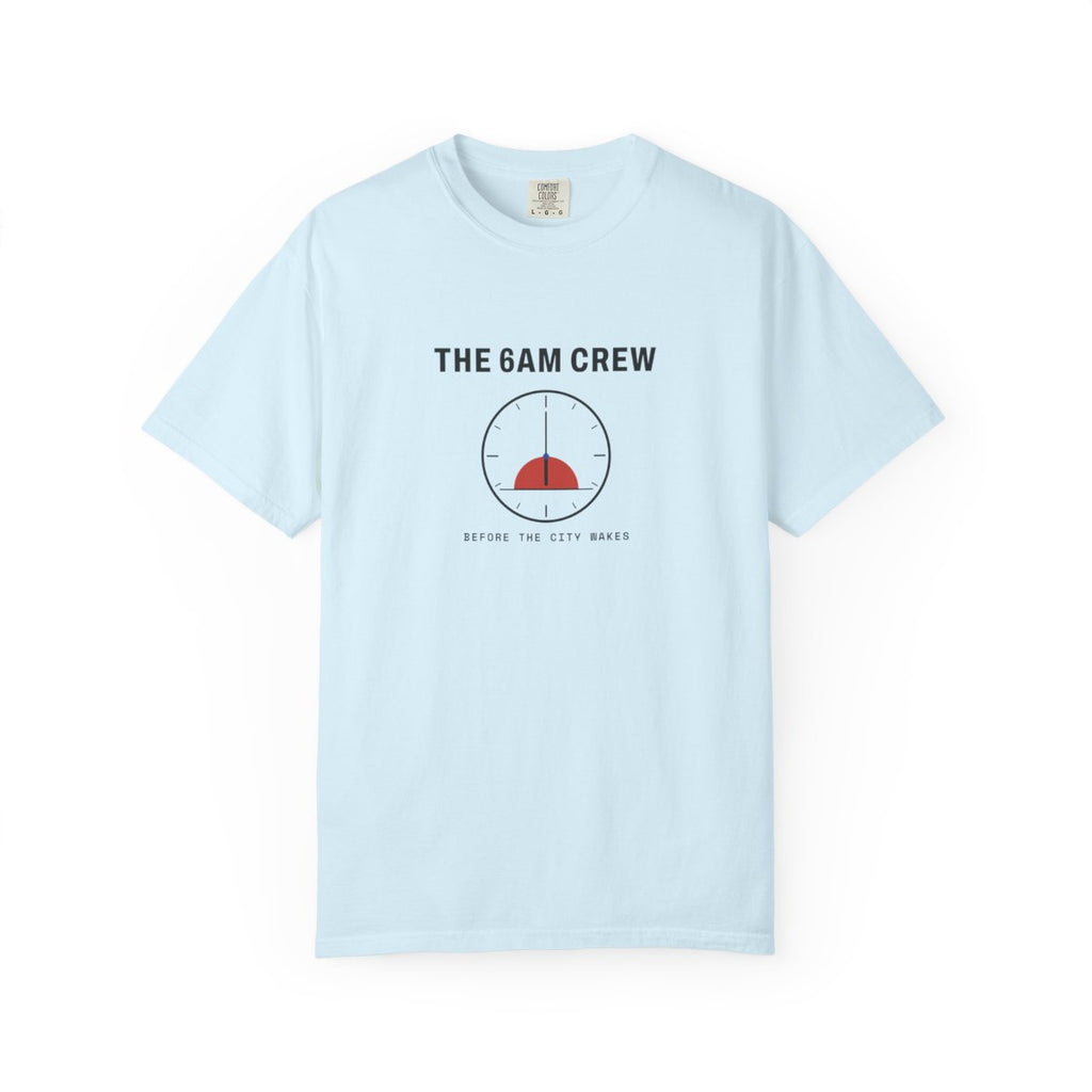 The 6AM Crew Tee in Chambray, front view