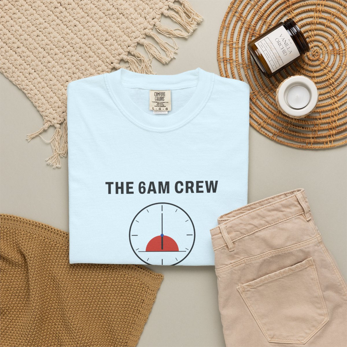 The 6AM Crew Tee in Chambray, fabric and print detail