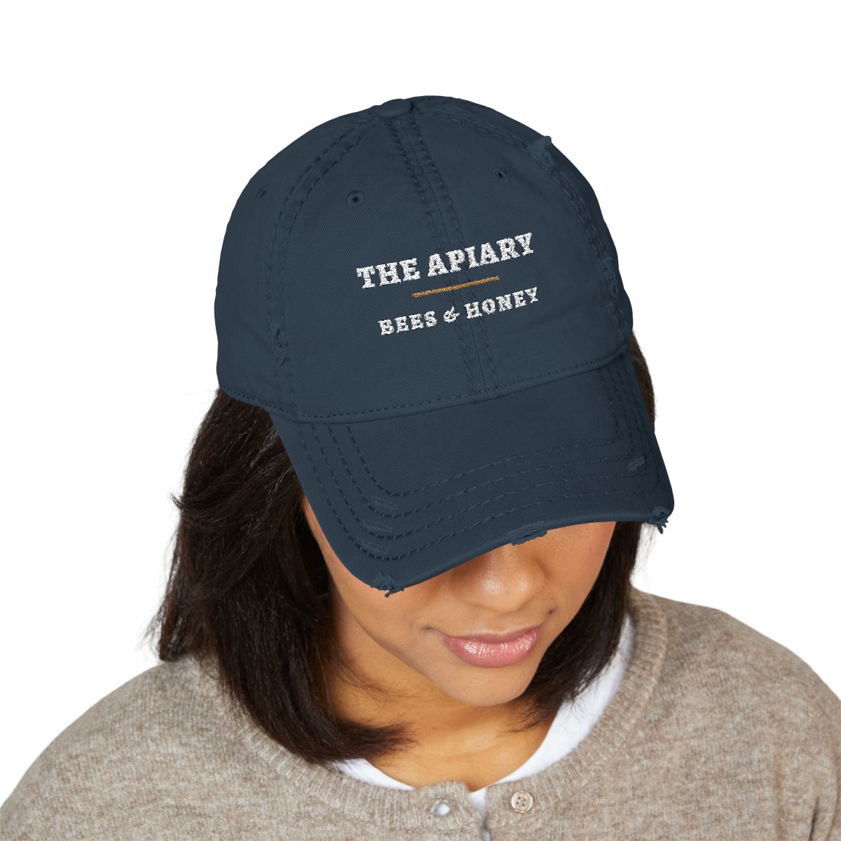 The Apiary Dad Hat in Dark Navy, on model