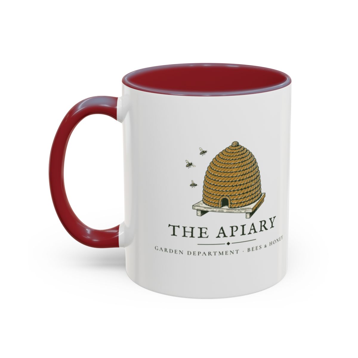 The Apiary Mug in Maroon, left side