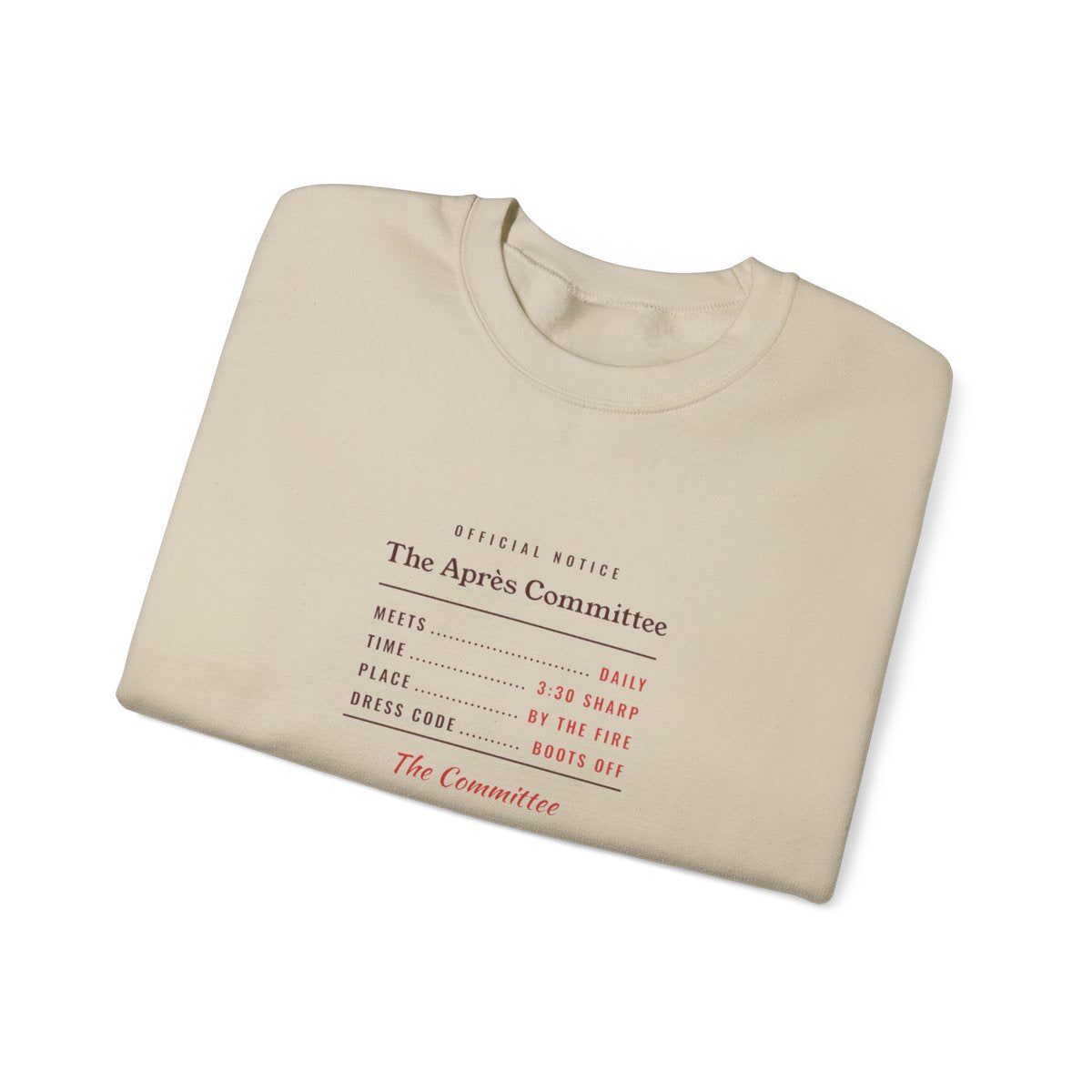 The Après Committee Crewneck in Sand, folded