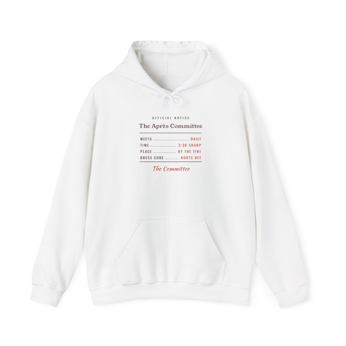 The Après Committee Hoodie in White, front view