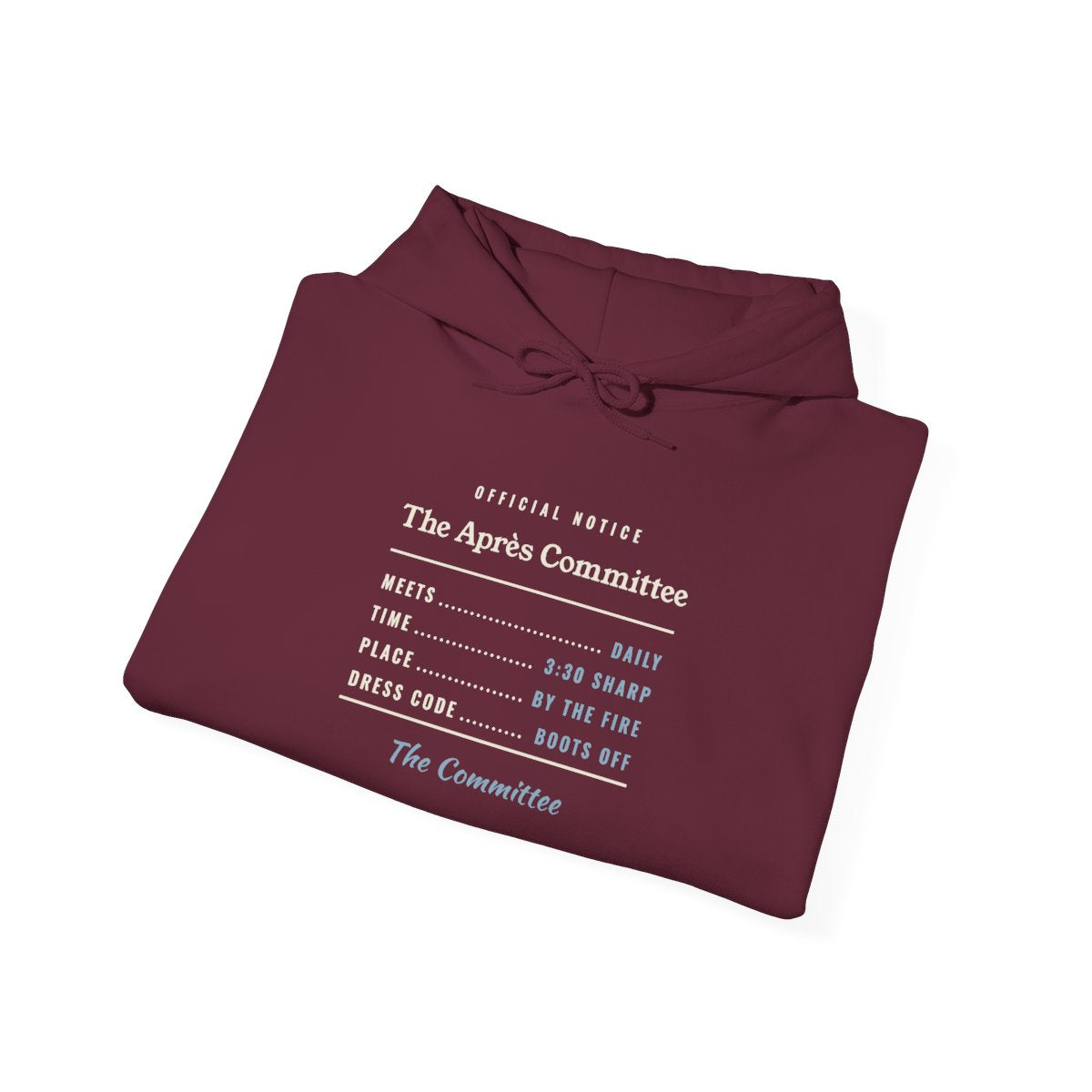 The Après Committee Hoodie in Maroon, folded