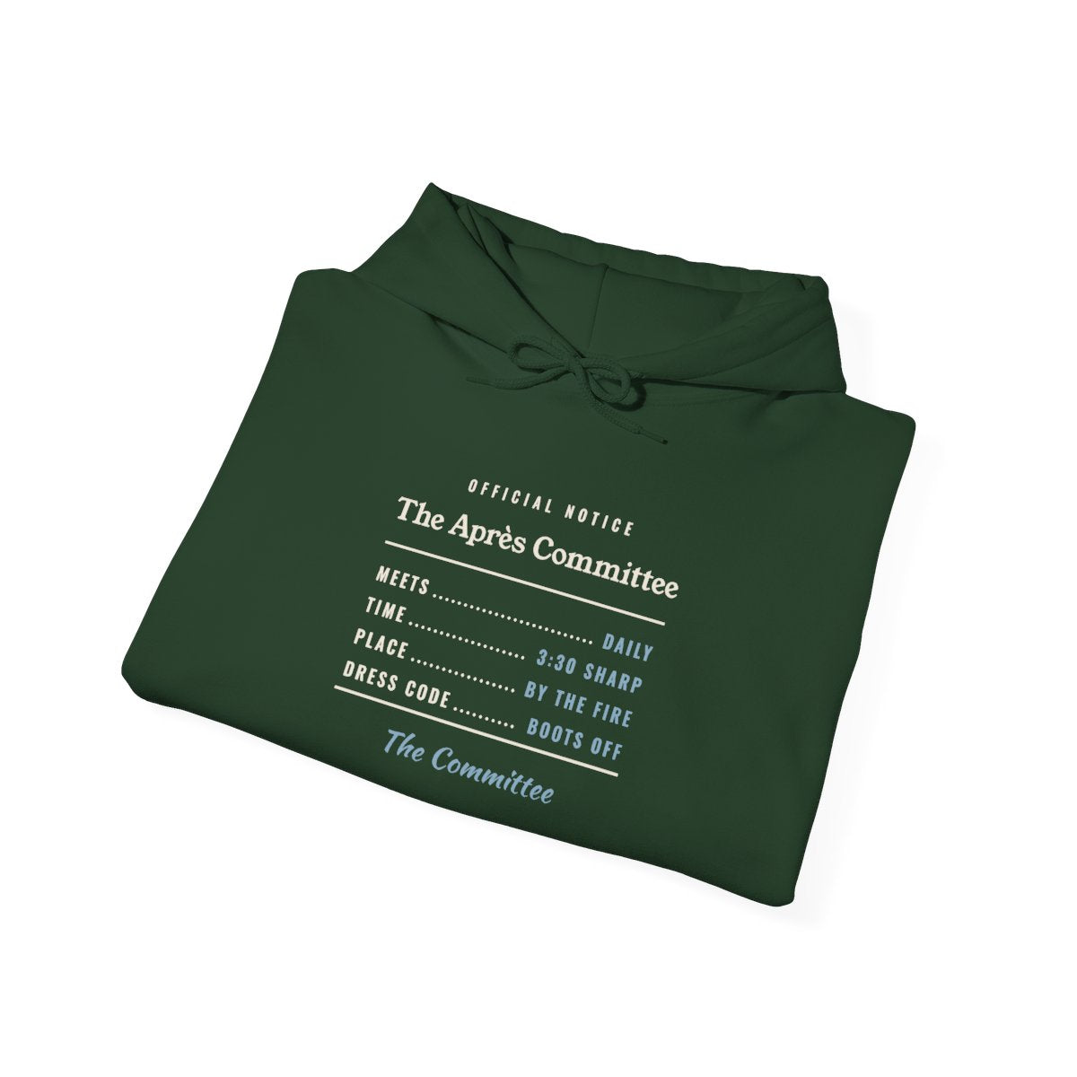 The Après Committee Hoodie in Forest Green, folded