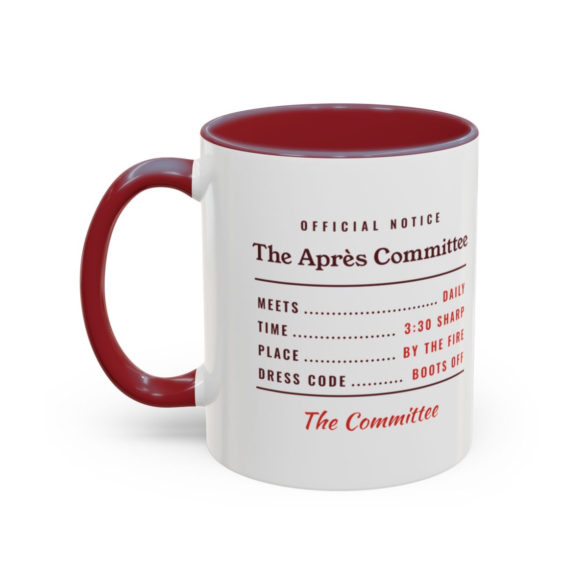 The Après Committee Mug in Maroon, left side