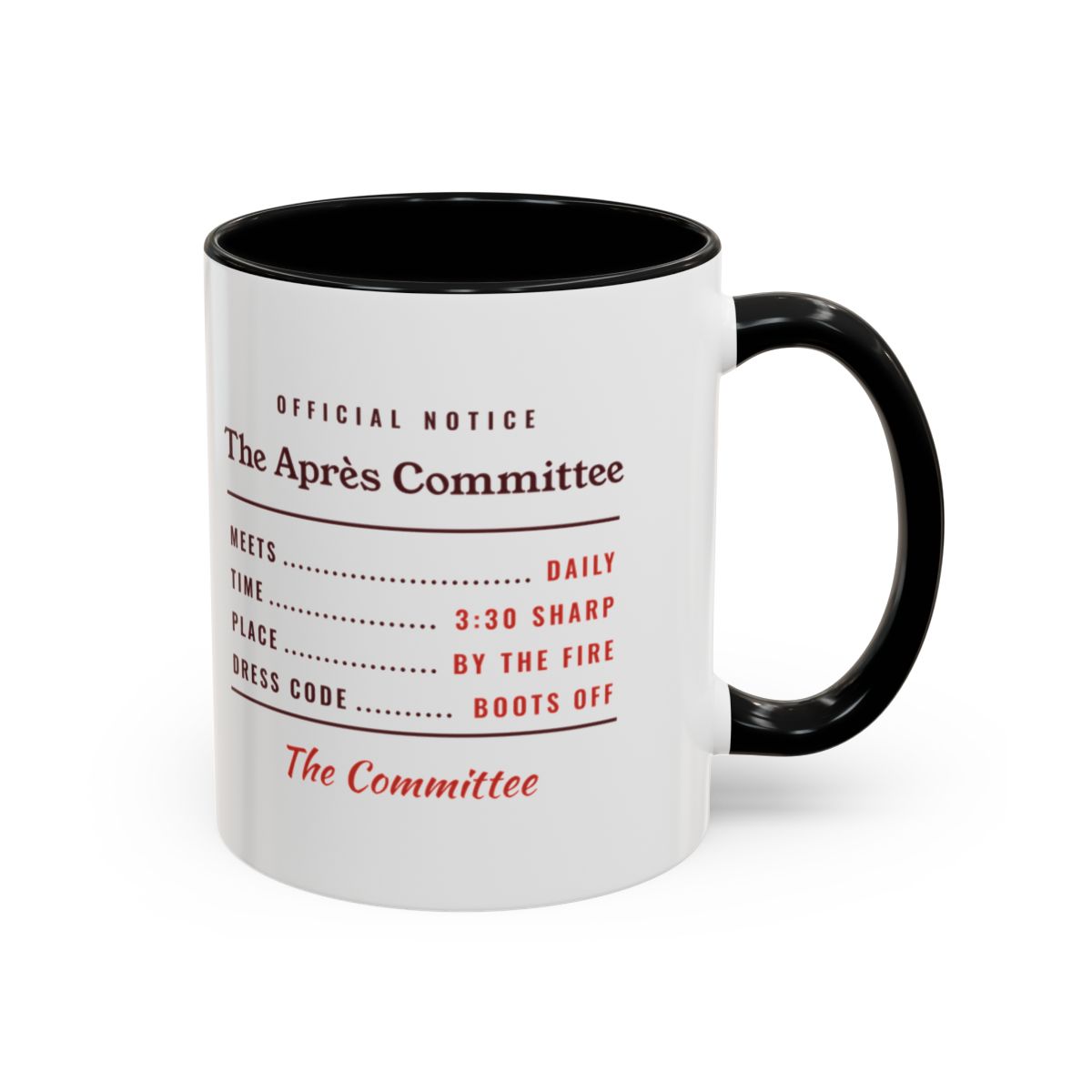 The Après Committee Mug in Black, right side