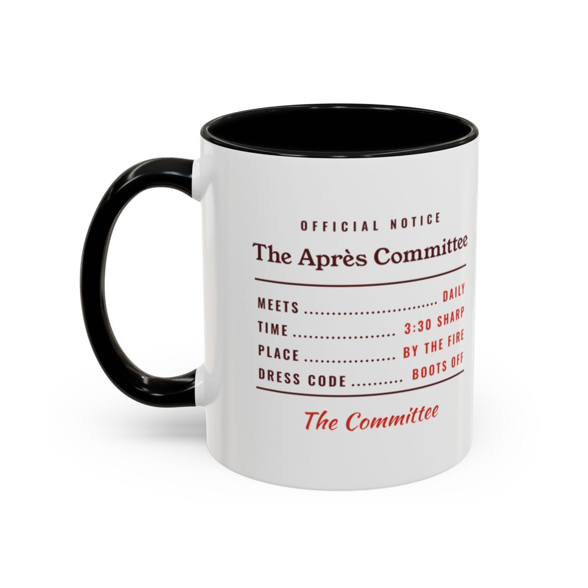 The Après Committee Mug in Black, left side