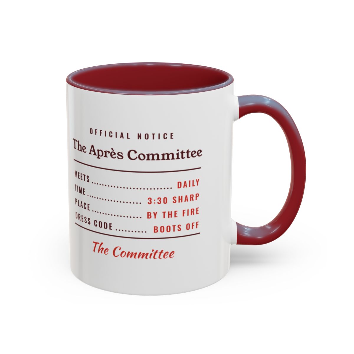 The Après Committee Mug in Maroon, right side