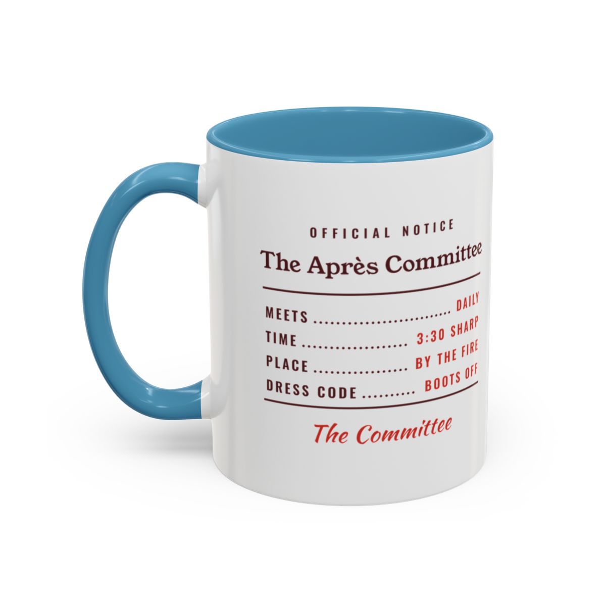 The Après Committee Mug in Light Blue, left side