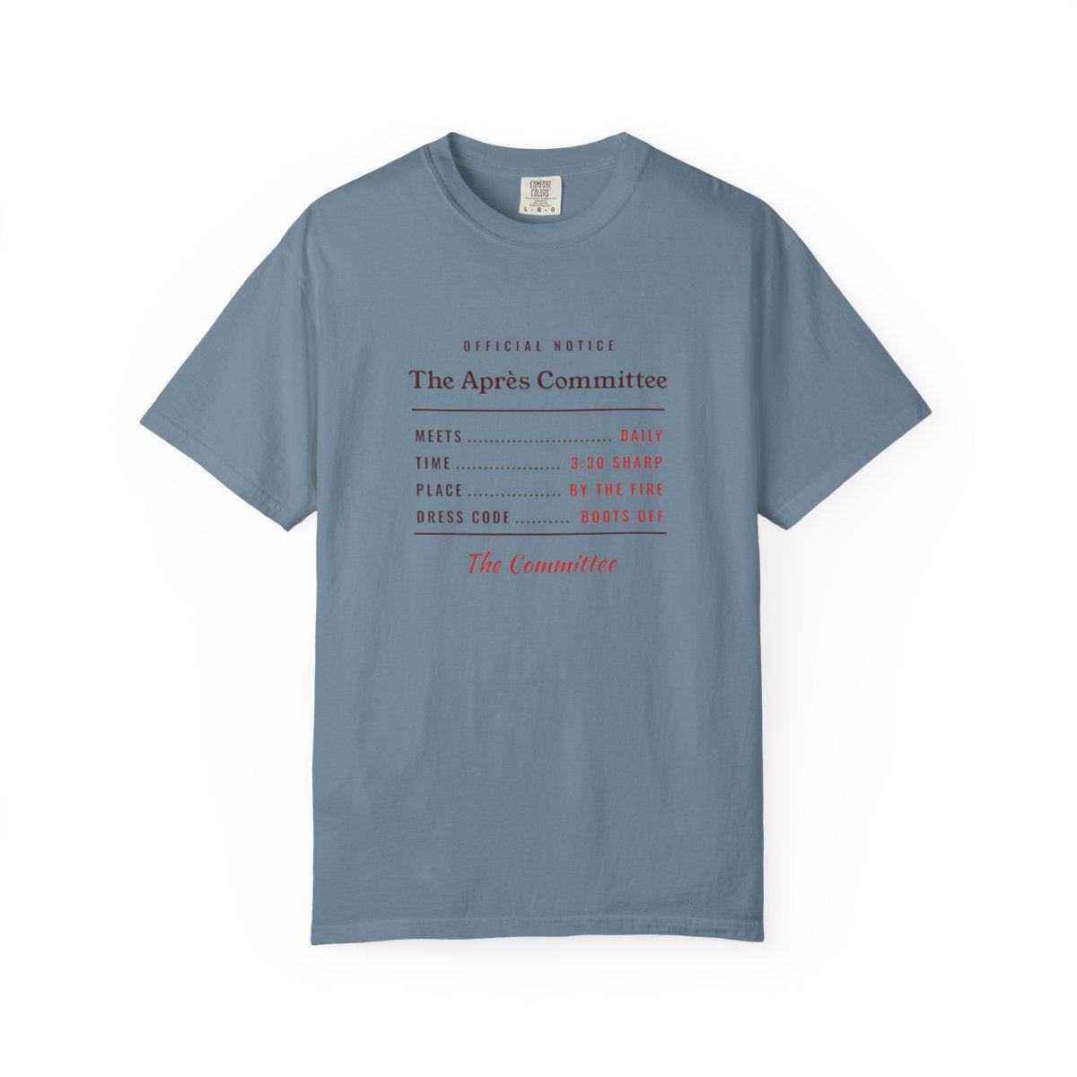 The Après Committee Tee in Ice Blue, front view