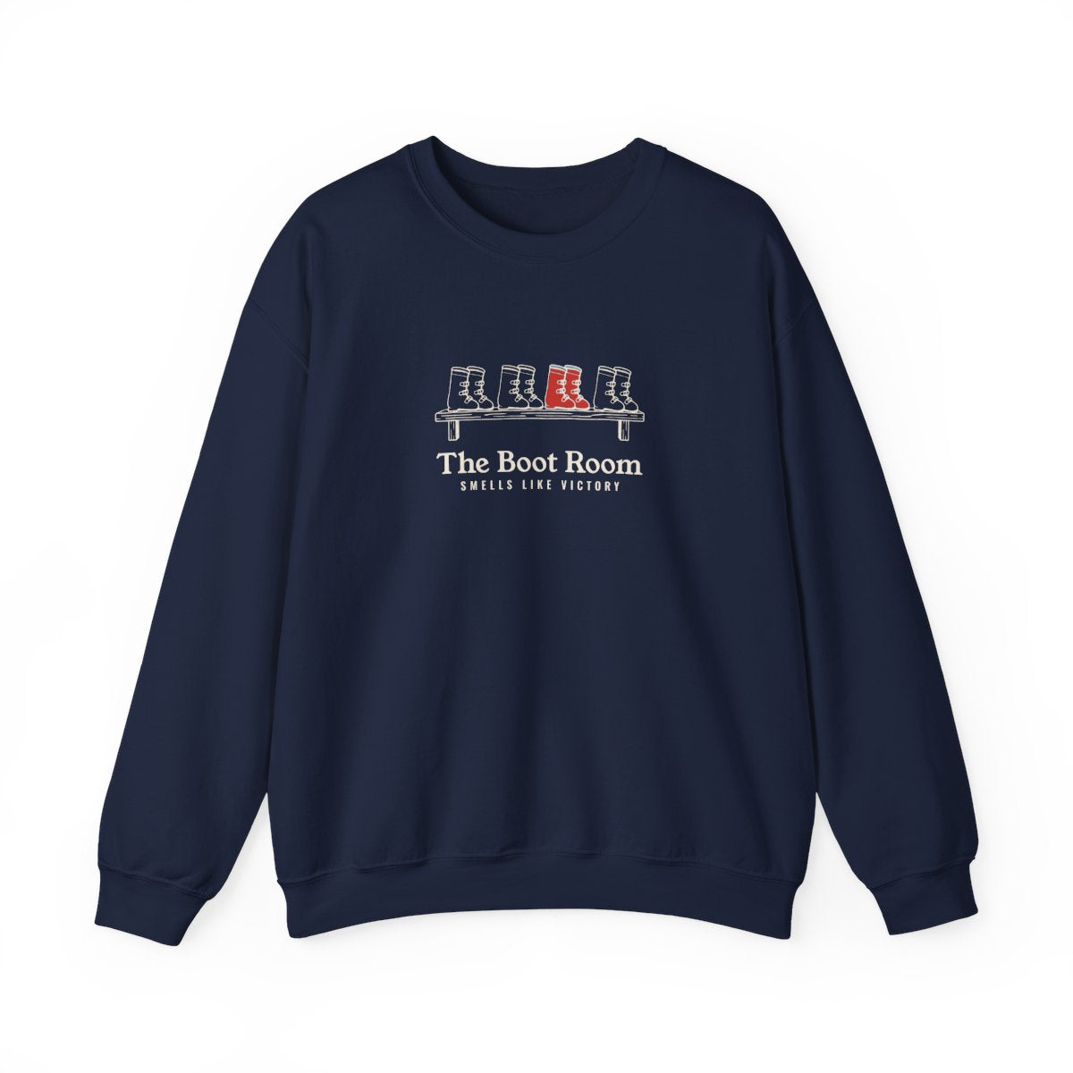 The Boot Room Crewneck in Navy, front view