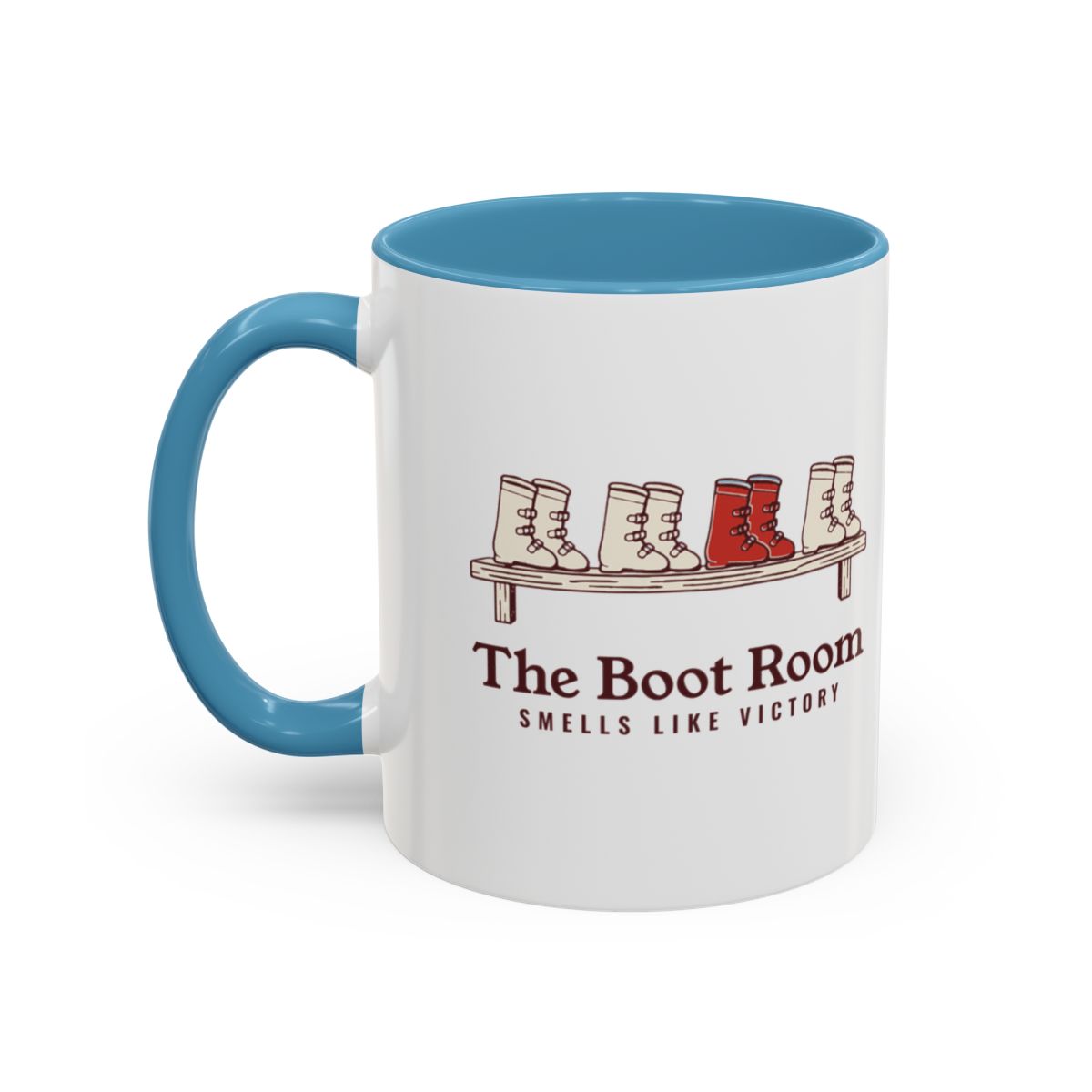 The Boot Room Mug in Light Blue, left side
