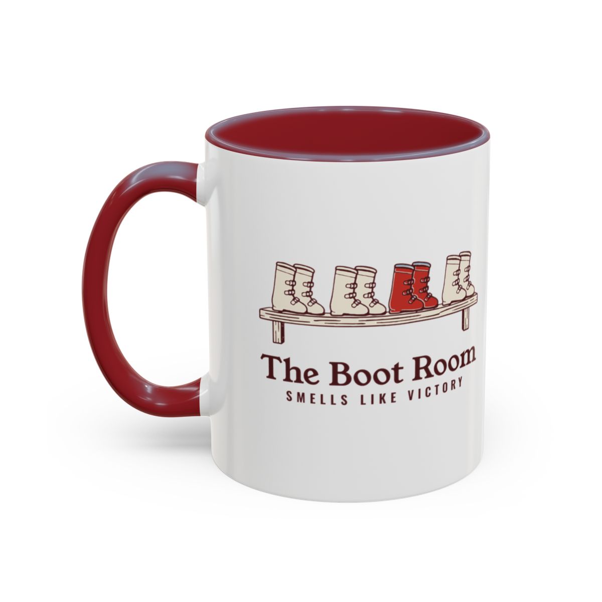 The Boot Room Mug in Maroon, left side