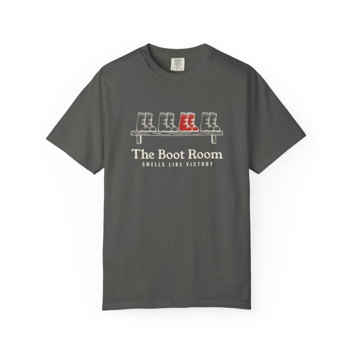 The Boot Room Tee in Pepper, front view