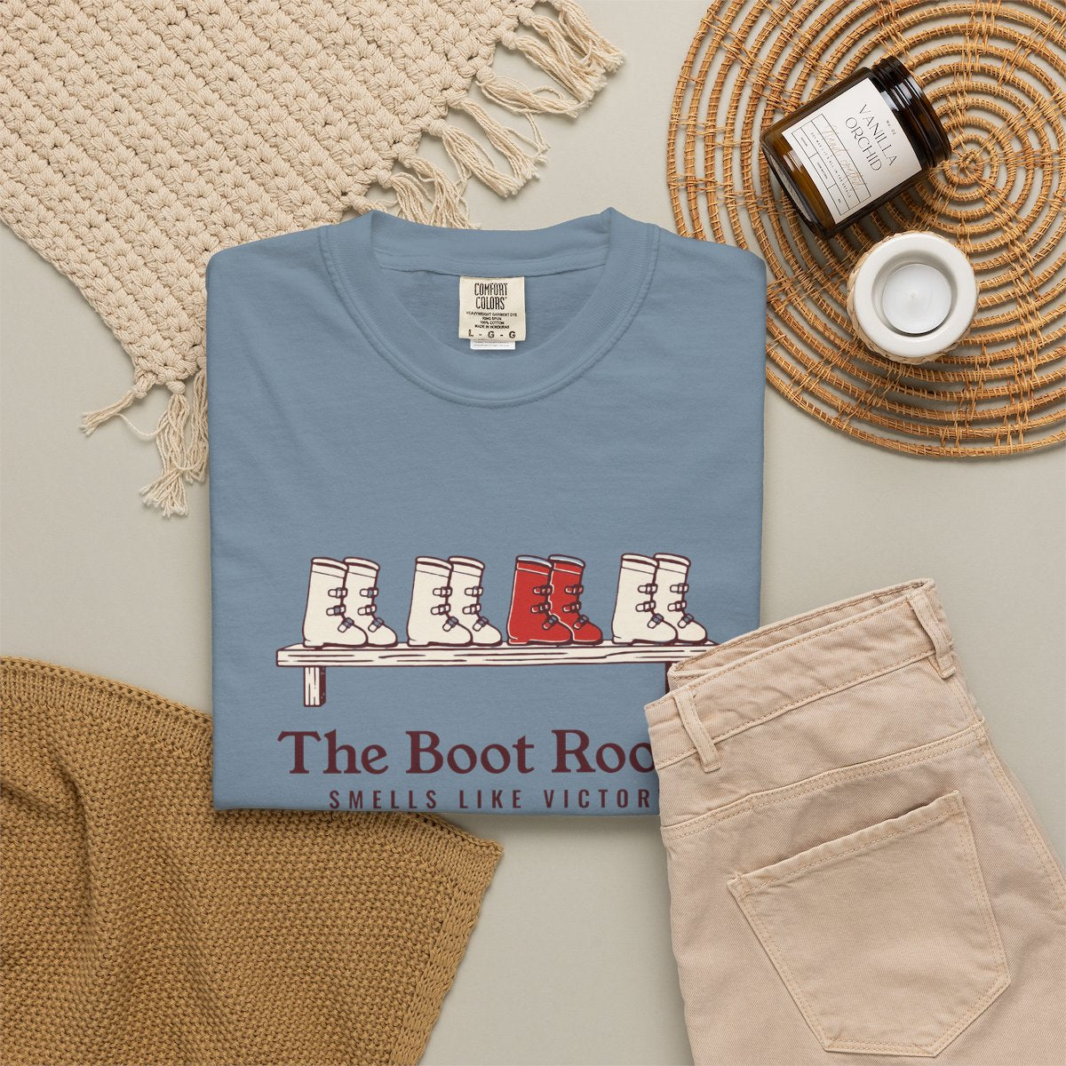 The Boot Room Tee in Ice Blue, fabric and print detail