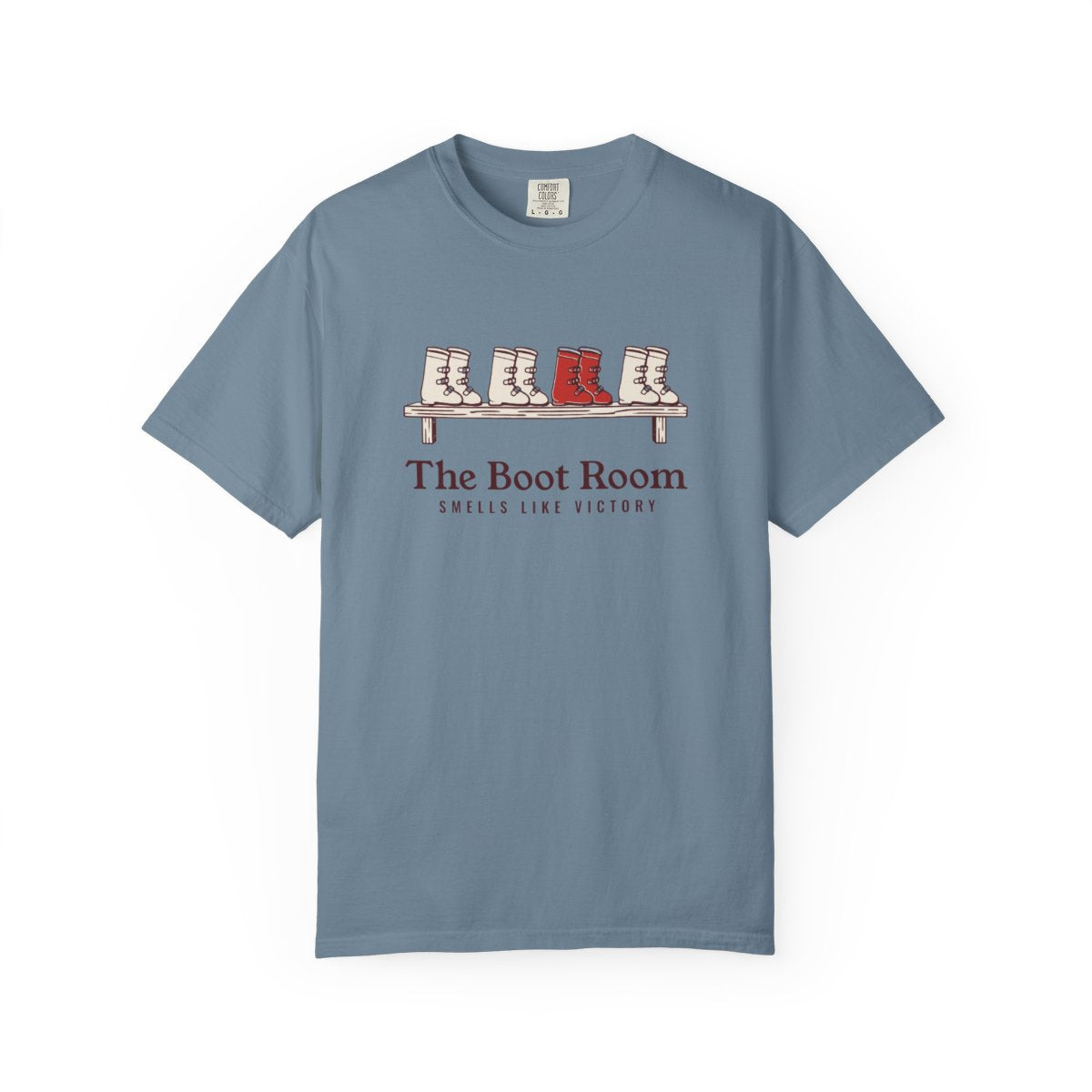 The Boot Room Tee in Ice Blue, front view
