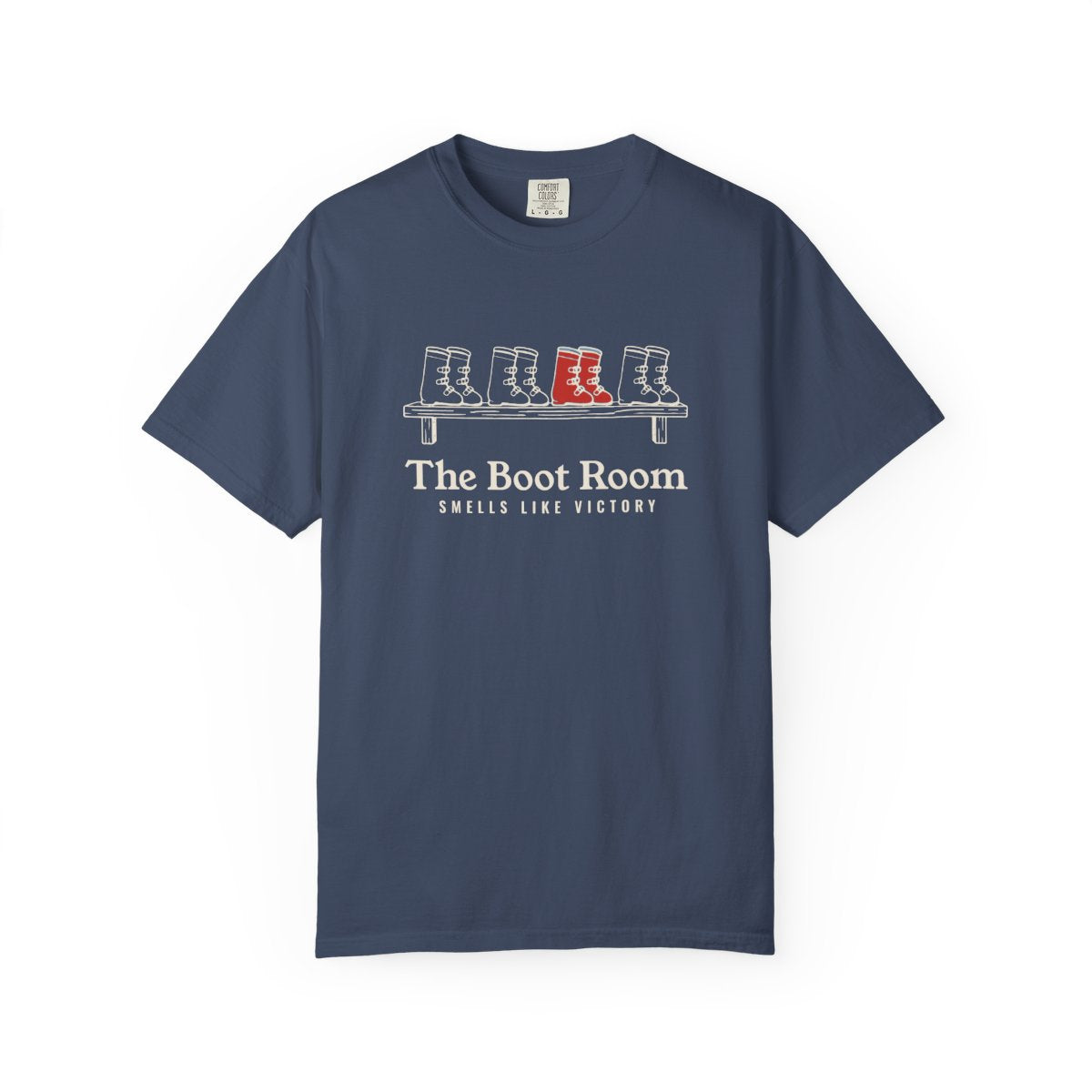 The Boot Room Tee in Midnight, front view